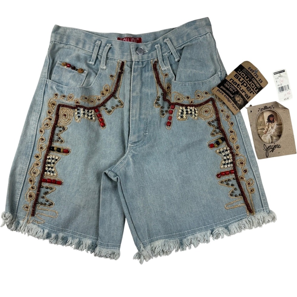 Joujou Vintage 90s Beaded Embroidered Denim Shorts Light‎ Wash Boho Size 7/8